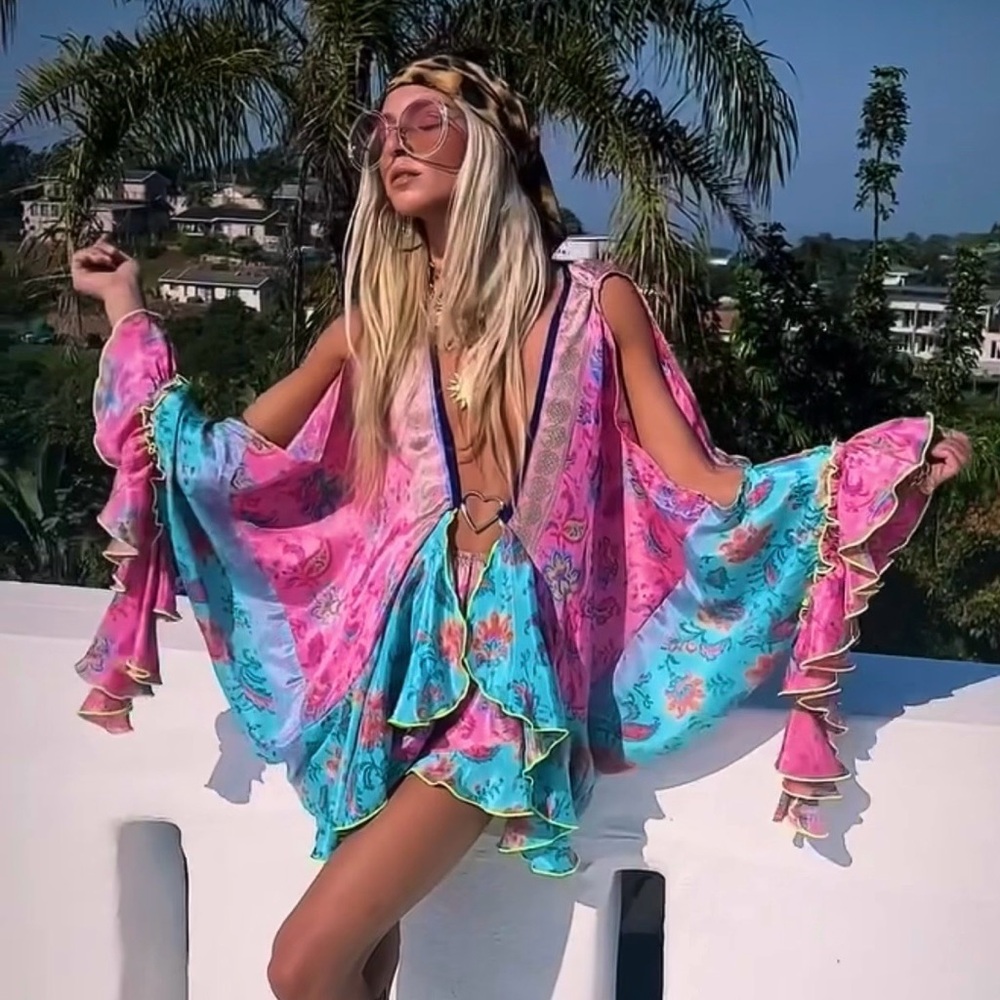 Vibrant Pink and Blue Floral Silk Kimono Festival Set